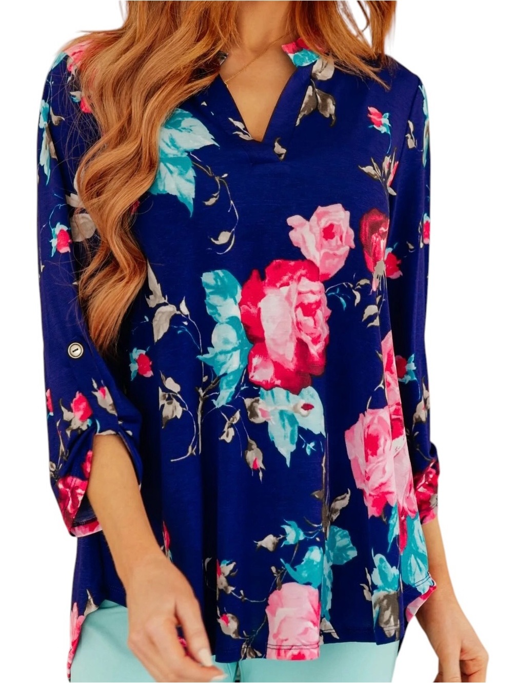 Dear Scarlett Lizzy Royal Blue Floral Popover Slinky Stretch Mandarin Collar Top